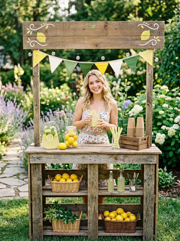 Beautiful rustic pallet wood lemonade stand DIY with pallets assembled as rustic stand with serving counter storage shelves and painted sign