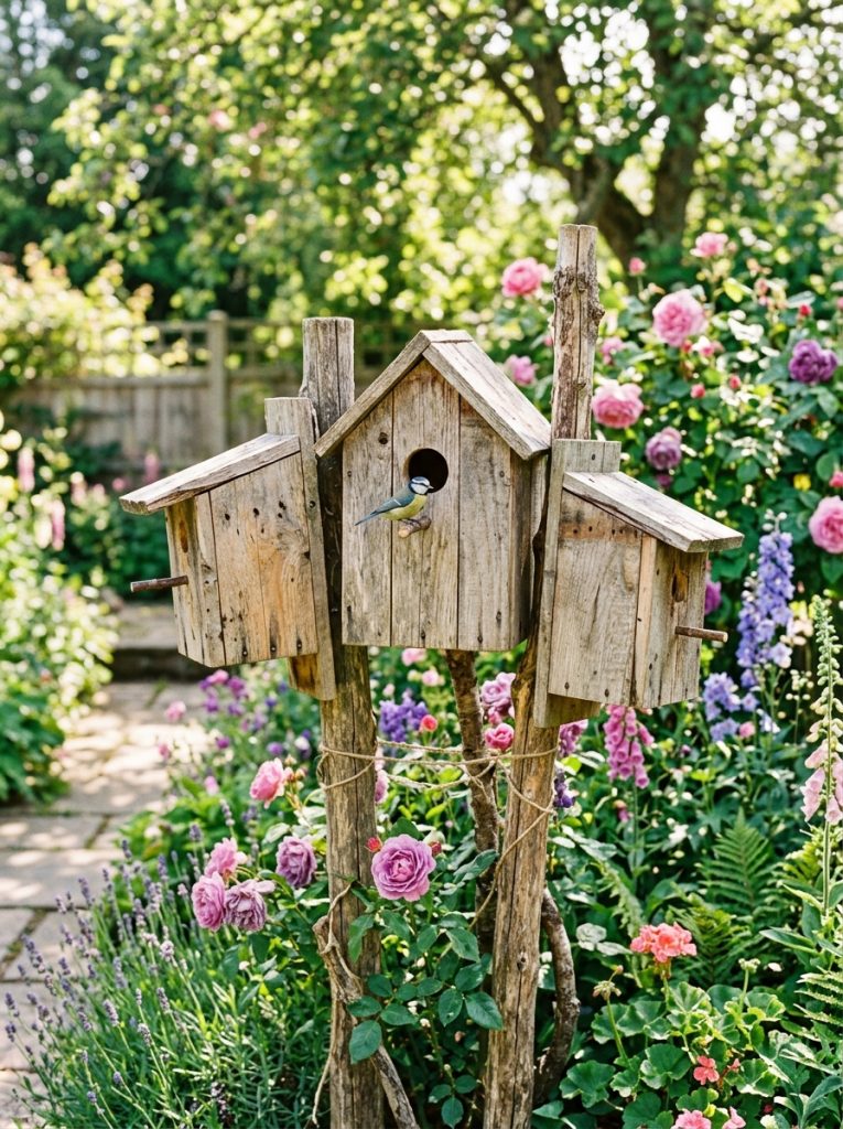 Rustic wooden pallet recycled DIY birdhouses with natural wood grain cottage-style design mounted on posts and in garden trees