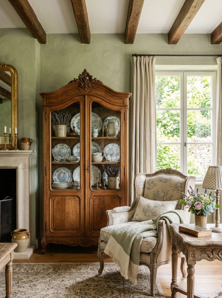 Beautiful sage green French country living room with sage walls carved furniture linen toile textiles antique accessories classic elegance