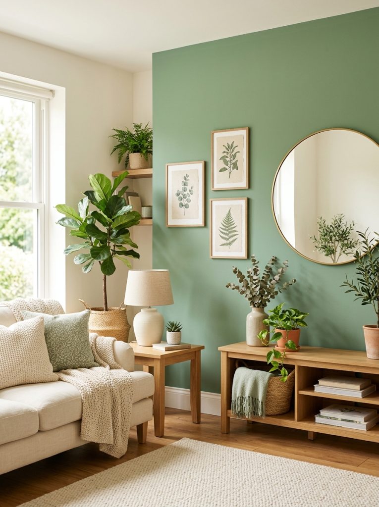 tunning sage green accent wall in beautiful living room with cream furniture botanical styling warm accessories as dramatic focal point