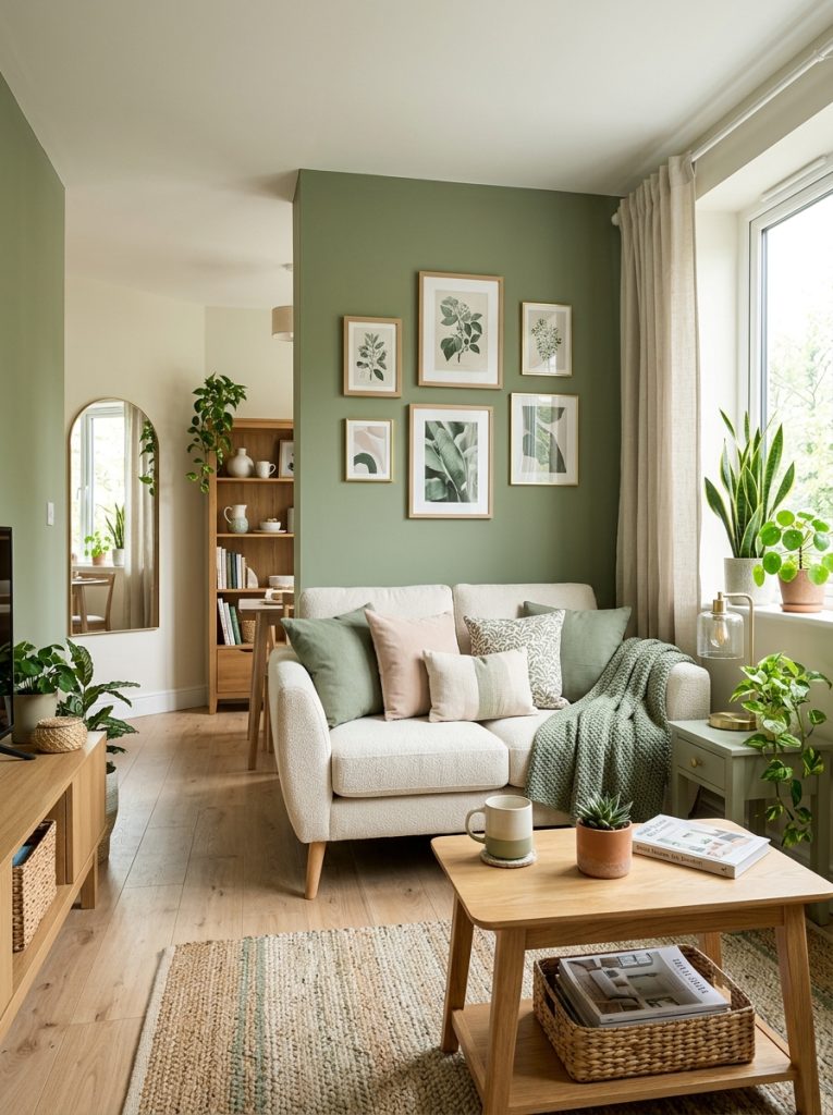 Beautiful sage green apartment living room with compact space beautifully decorated with sage accents walls furniture accessories