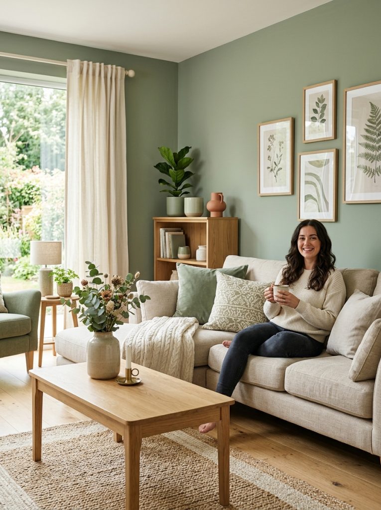 Beautiful sage green and beige living room with sage walls accent pieces combined with warm beige cream natural furniture textiles accessories