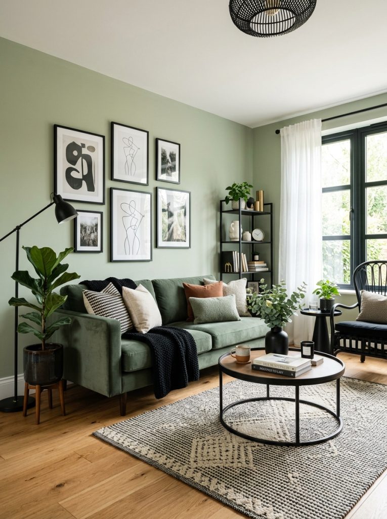 Beautiful sage green and black living room with sage walls furnishings and black metal hardware furniture frames accessories