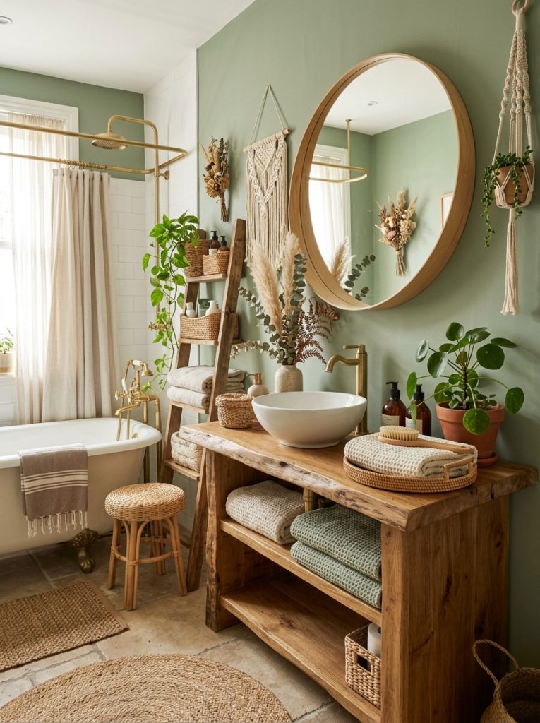 Beautiful sage green boho bathroom with natural rattan macrame dried botanicals and wooden elements in stunning warm boho design