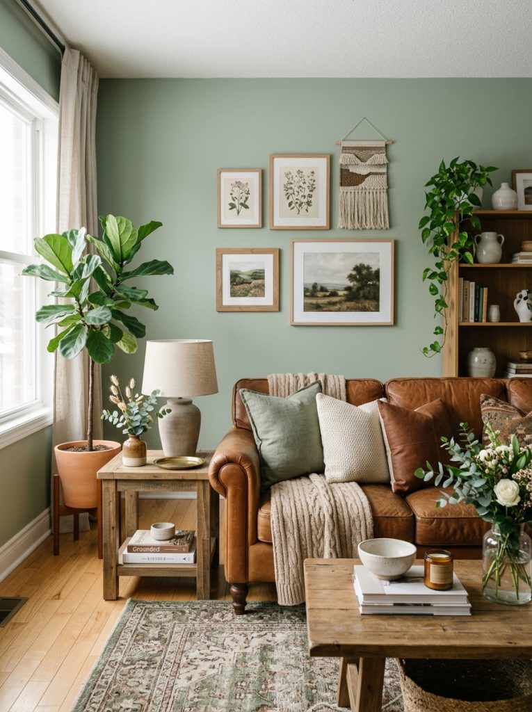 eautiful sage green and brown sofa living room with sage walls accents warm brown leather fabric sofa and earthy accessories