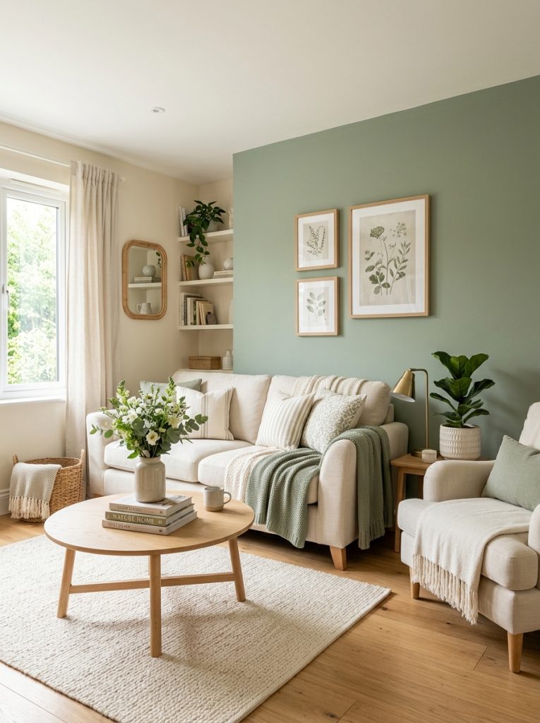 Beautiful sage green and cream living room with sage walls accents cream ivory furniture soft textiles warm natural accessories