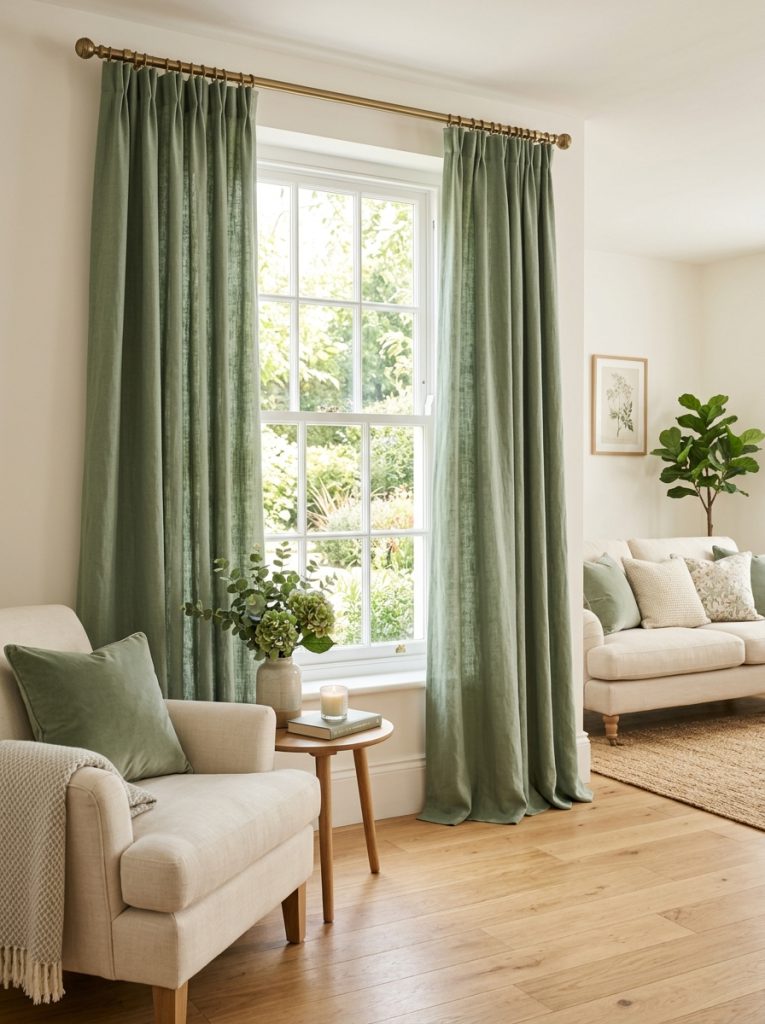 Beautiful sage green curtains with elegant linen or velvet panels at living room windows creating natural warm window treatment