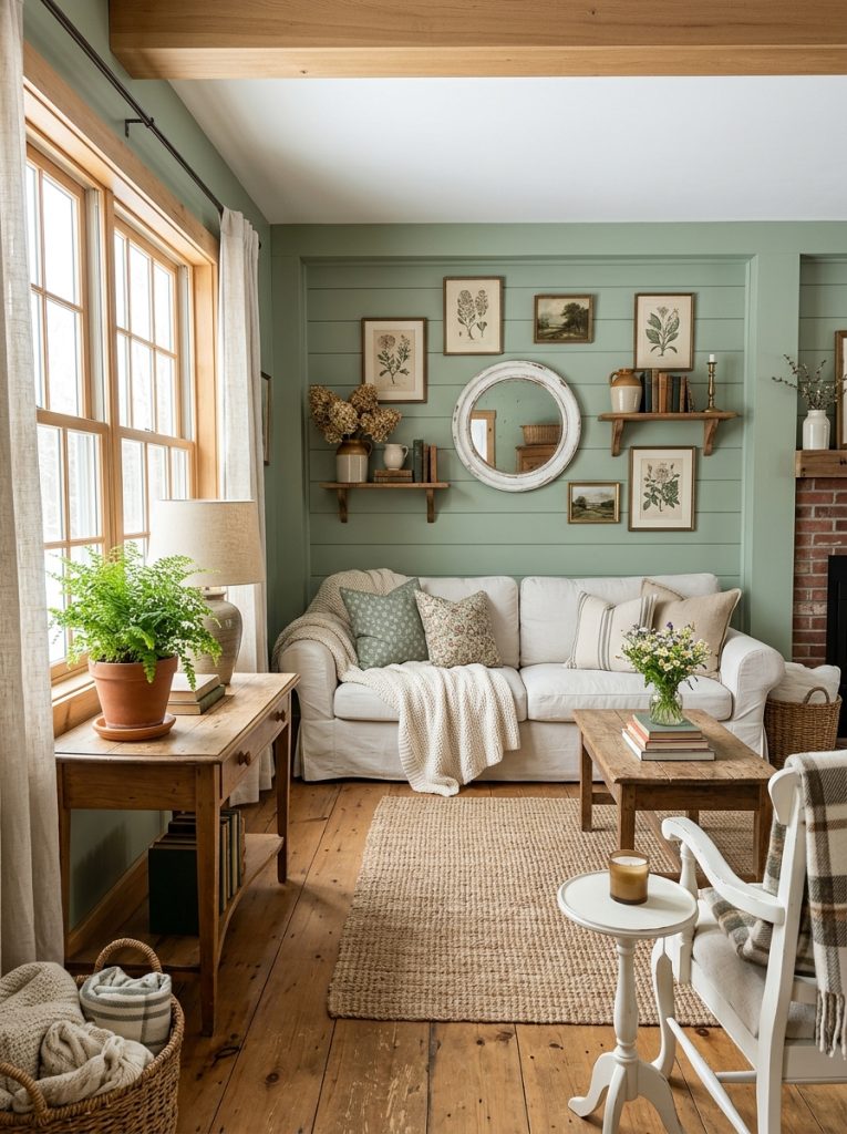 Beautiful sage green farmhouse living room with sage walls shiplap white painted furniture natural wood vintage accessories cozy textiles