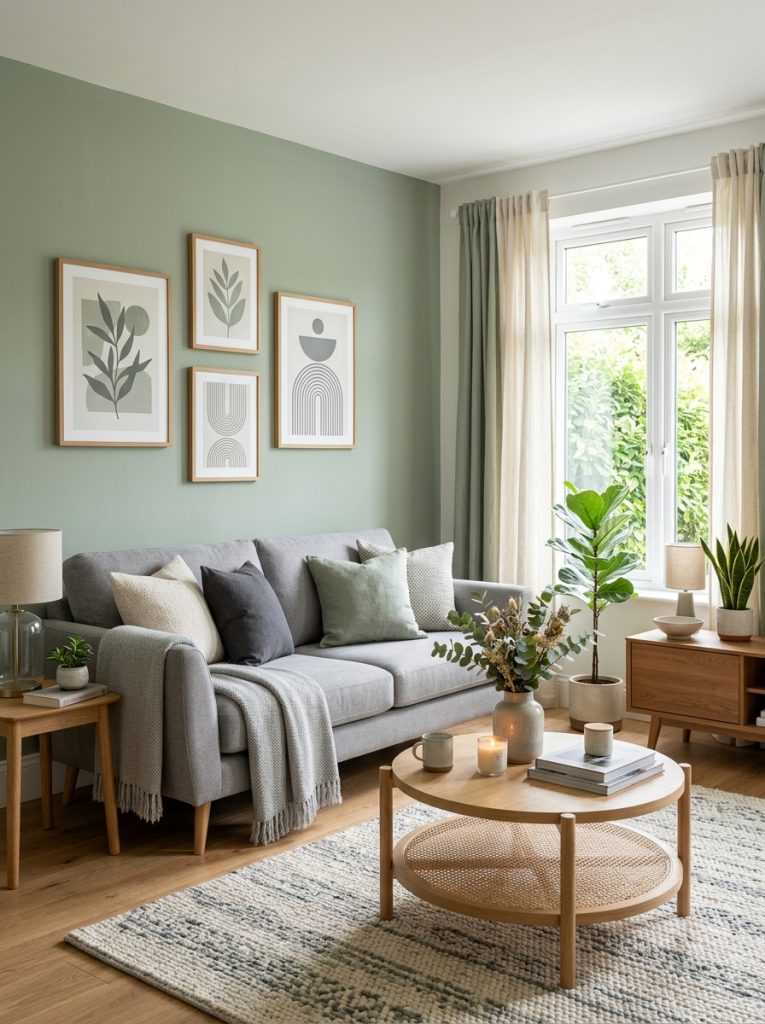 Beautiful sage green and grey sofa living room with sage walls accents contemporary grey sofa and cool neutral accessories