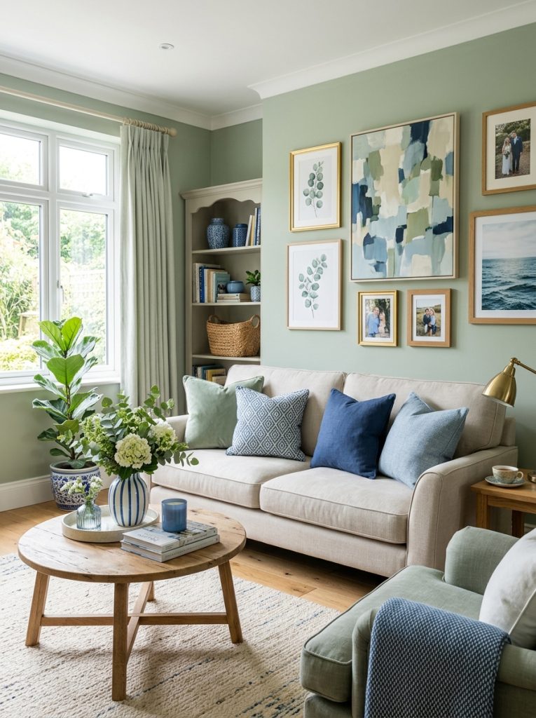 Beautiful sage green living room with blue accent cushions artwork and accessories in fresh harmonious colour scheme