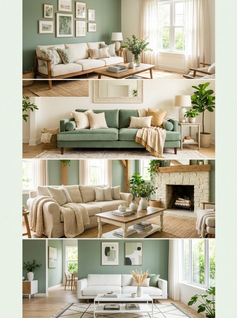 Beautiful sage green living room ideas with accent wall sage sofa cream beige cozy farmhouse and modern white styles in bright sunny settings