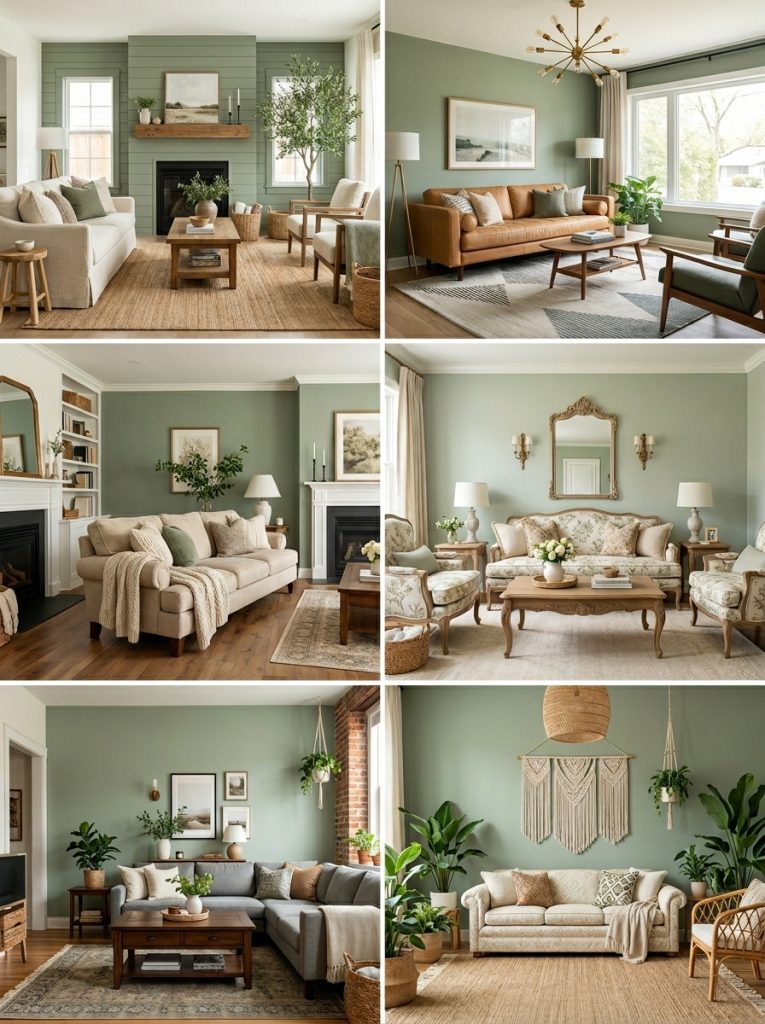 Complete sage green living room collection with farmhouse modern rustic French country cozy beige grey brown cream white apartment styles