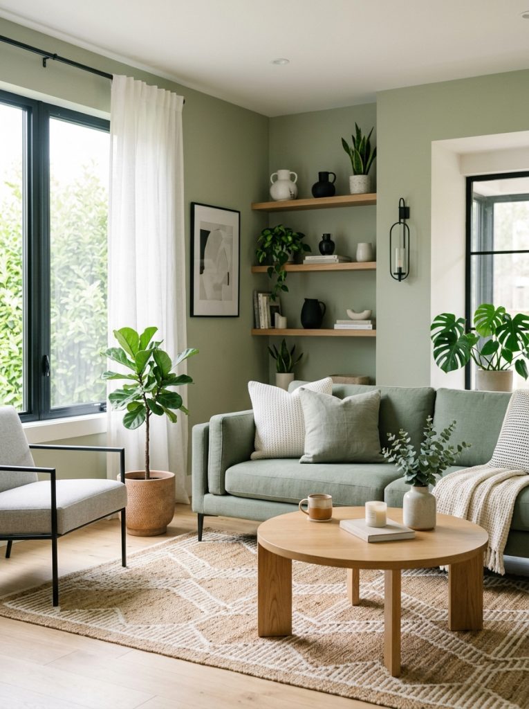 Beautiful sage green modern living room with clean lines sage walls furniture white black natural materials minimal sophisticated arrangement