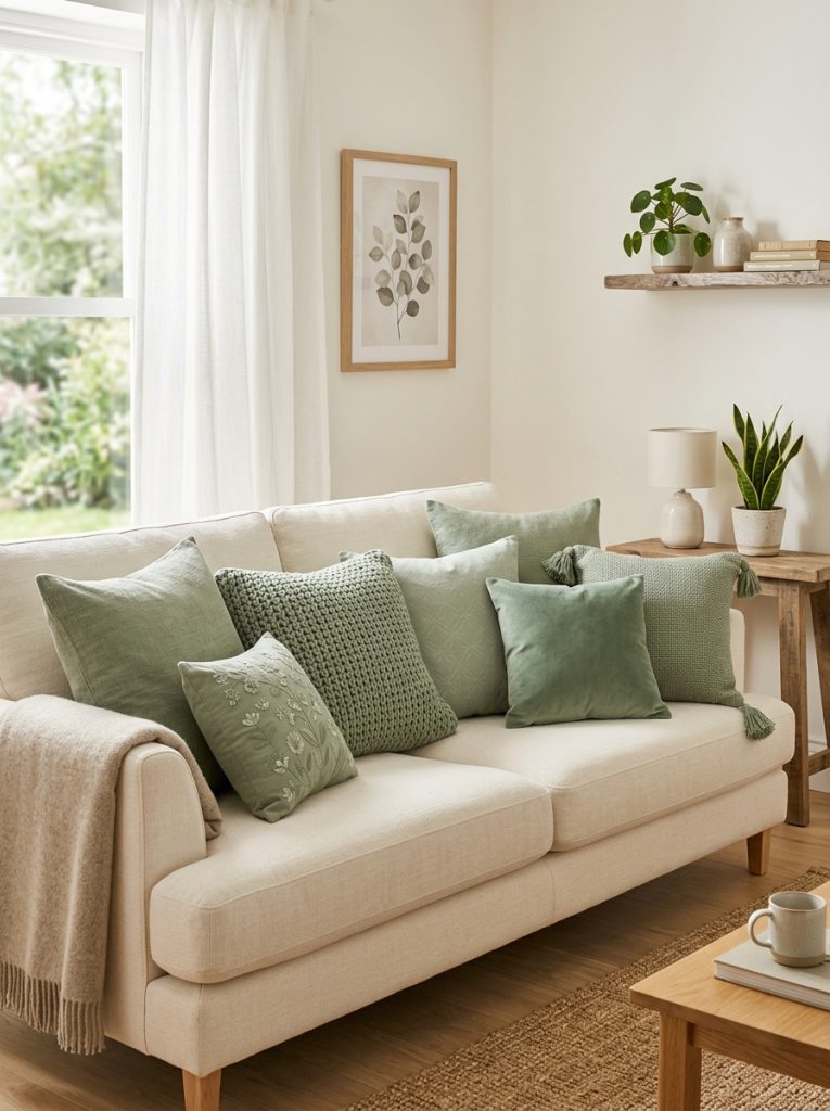 Beautiful sage green throw pillows in different textures and sizes on cream beige sofa creating coordinated naturally styled living room
