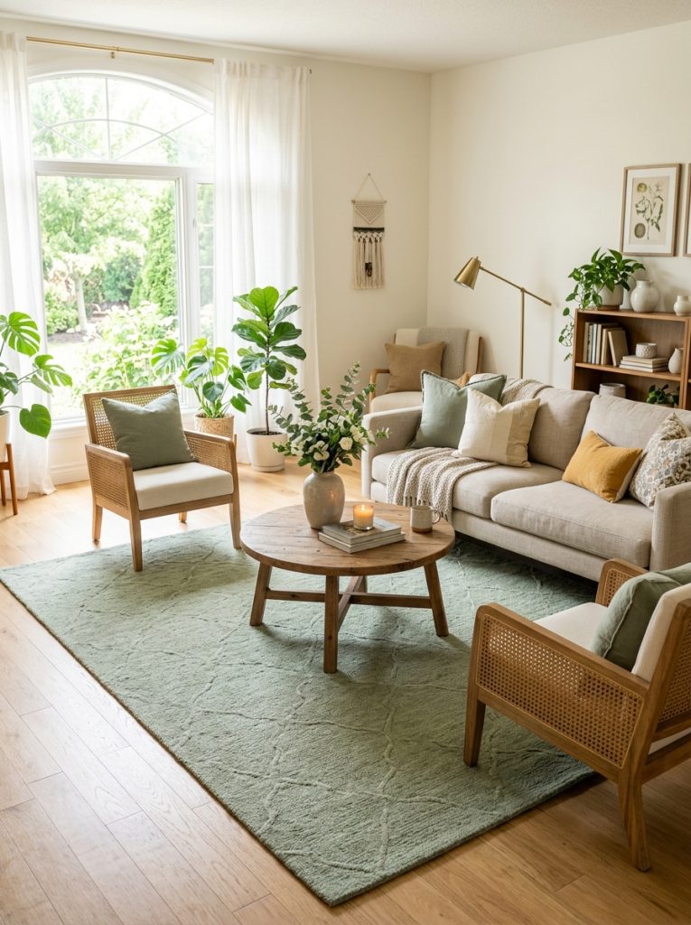 Beautiful sage green area rug anchoring living room seating area with coordinating furniture and accessories as naturally colored foundation