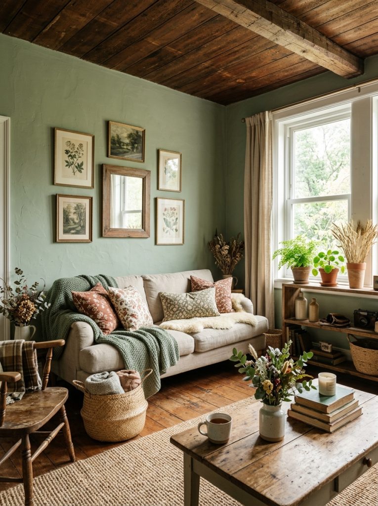 Beautiful sage green rustic living room with sage walls distressed wood furniture vintage accessories natural fiber textiles organic textures