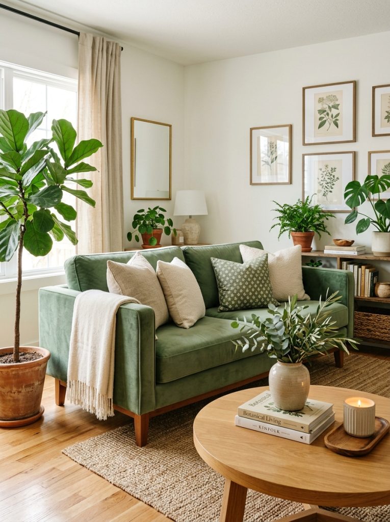 Beautiful sage green sofa in bright living room with cream natural accessories wooden coffee table and botanical styling as stunning centerpiece