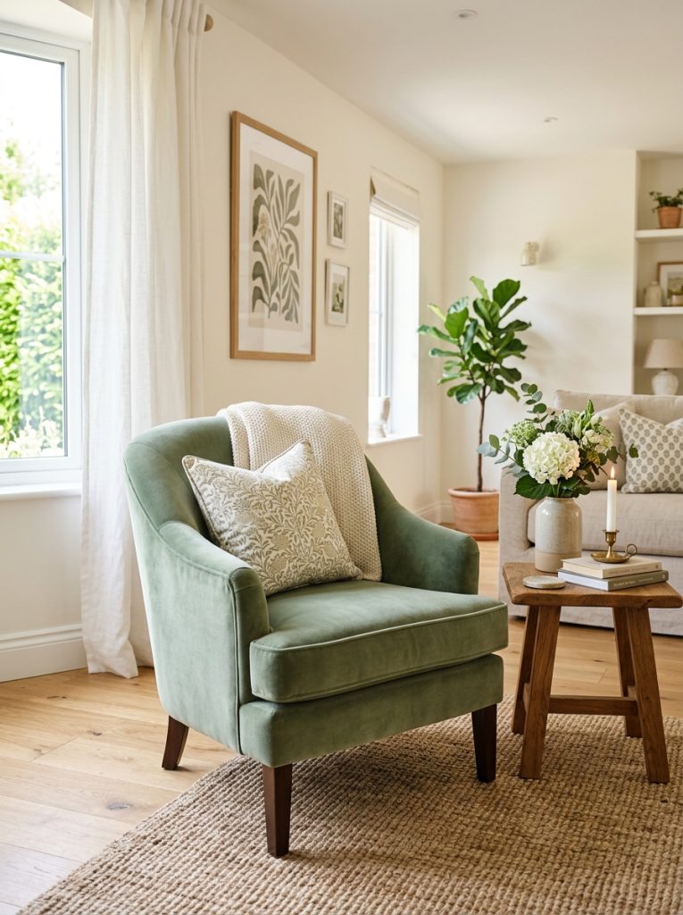 Beautiful sage green velvet accent chair as living room focal point with coordinating cushions wood side table and styled accessories