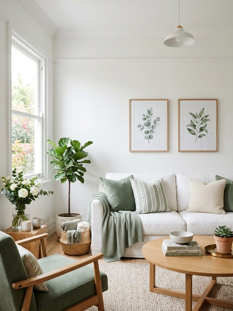 Beautiful sage green and white living room with crisp white walls furniture combined with sage accents textiles botanical elements