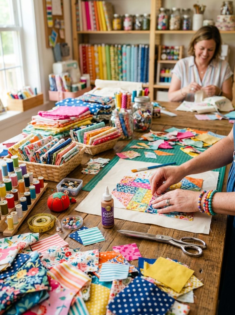  Creative scrap fabric crafts session with colorful fabric scraps multiple patterns spread on table with scissors glue and craft supplies 