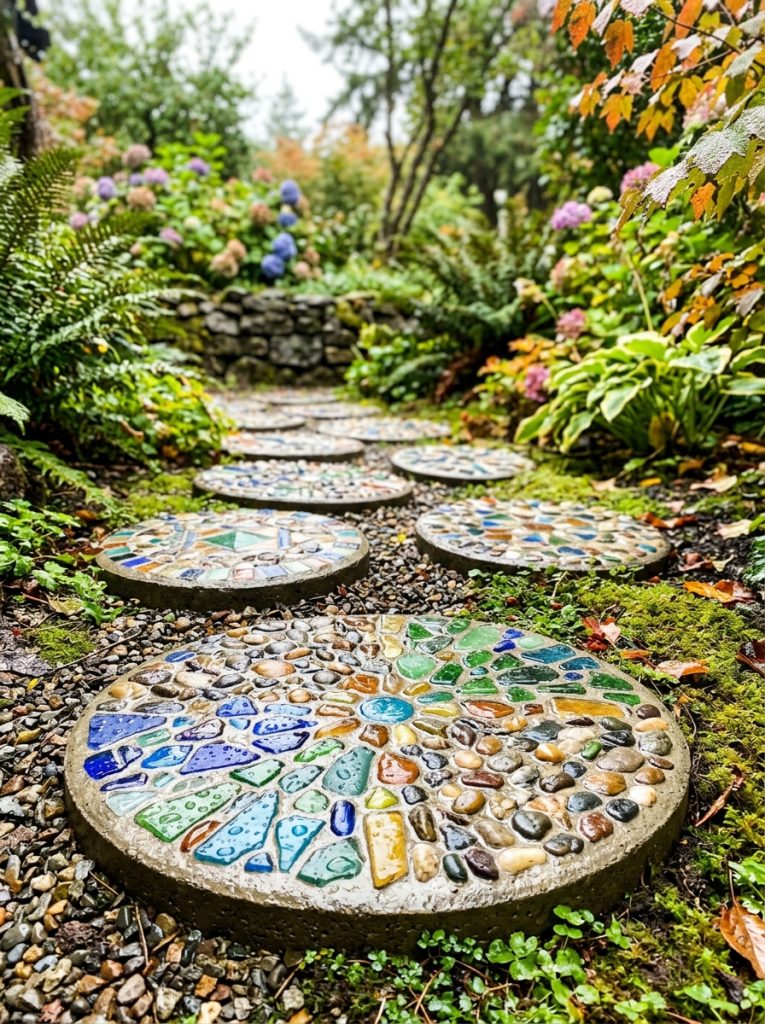 Beautifully sealed waterproof DIY stepping stones with clear protective finish maintaining color through rain frost and outdoor conditions