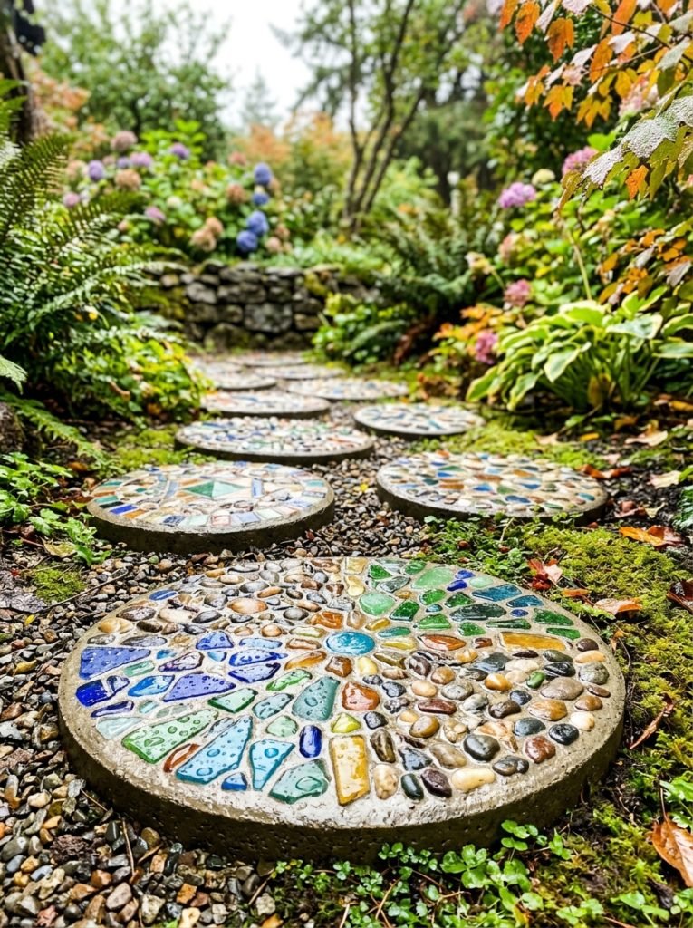 Beautifully sealed waterproof DIY stepping stones with clear protective finish maintaining color through rain frost and outdoor conditions