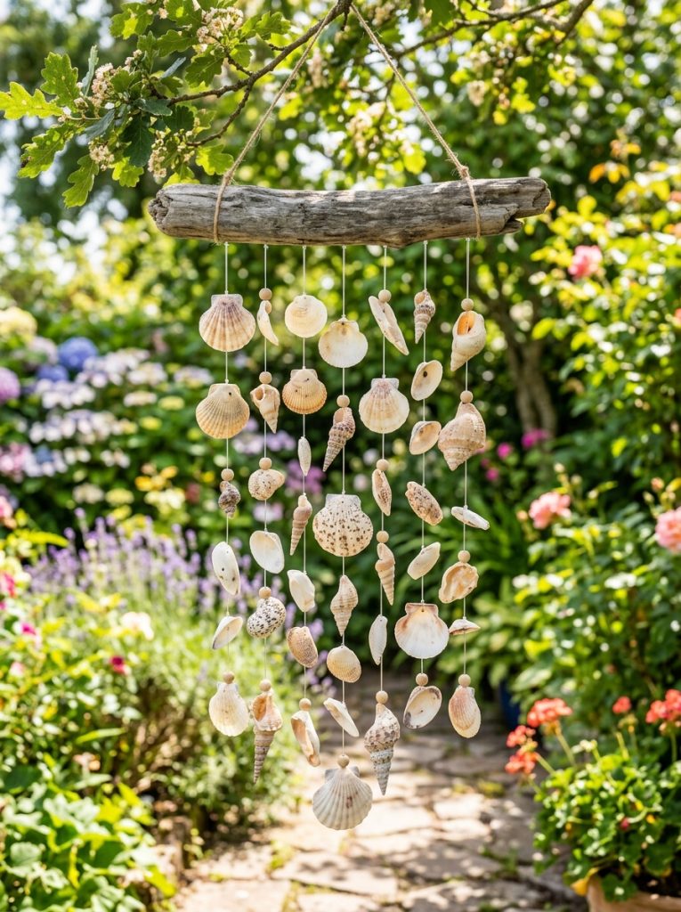 Beautiful seashell collection DIY wind chime with different species and sizes of shells hung at different lengths from driftwood in garden 