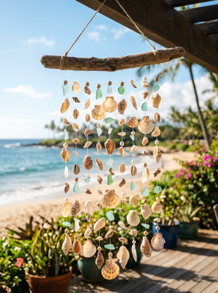  Beautiful seashell DIY wind chime with natural shells threaded on nylon cord hung from driftwood catching sunlight outdoors 