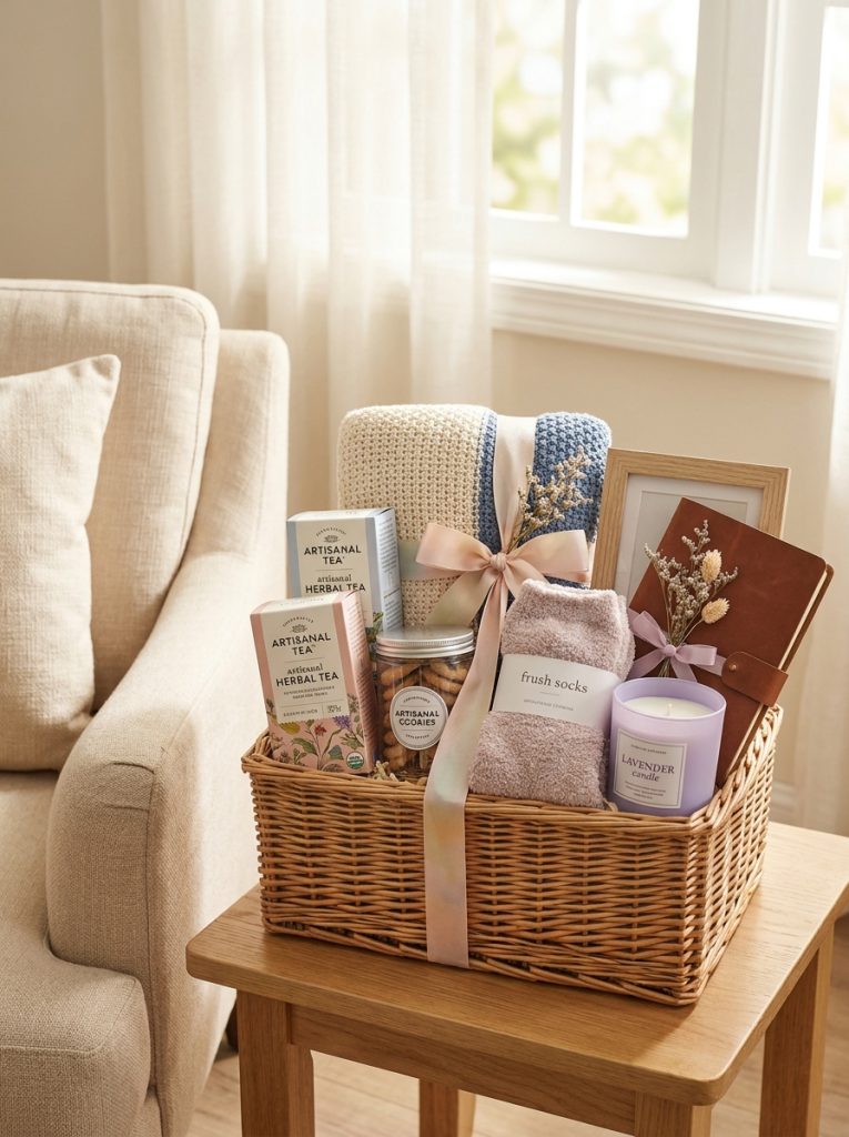 Thoughtful senior gift basket with quality teas cozy accessories favourite treats comfortable items relaxation products and personal items 