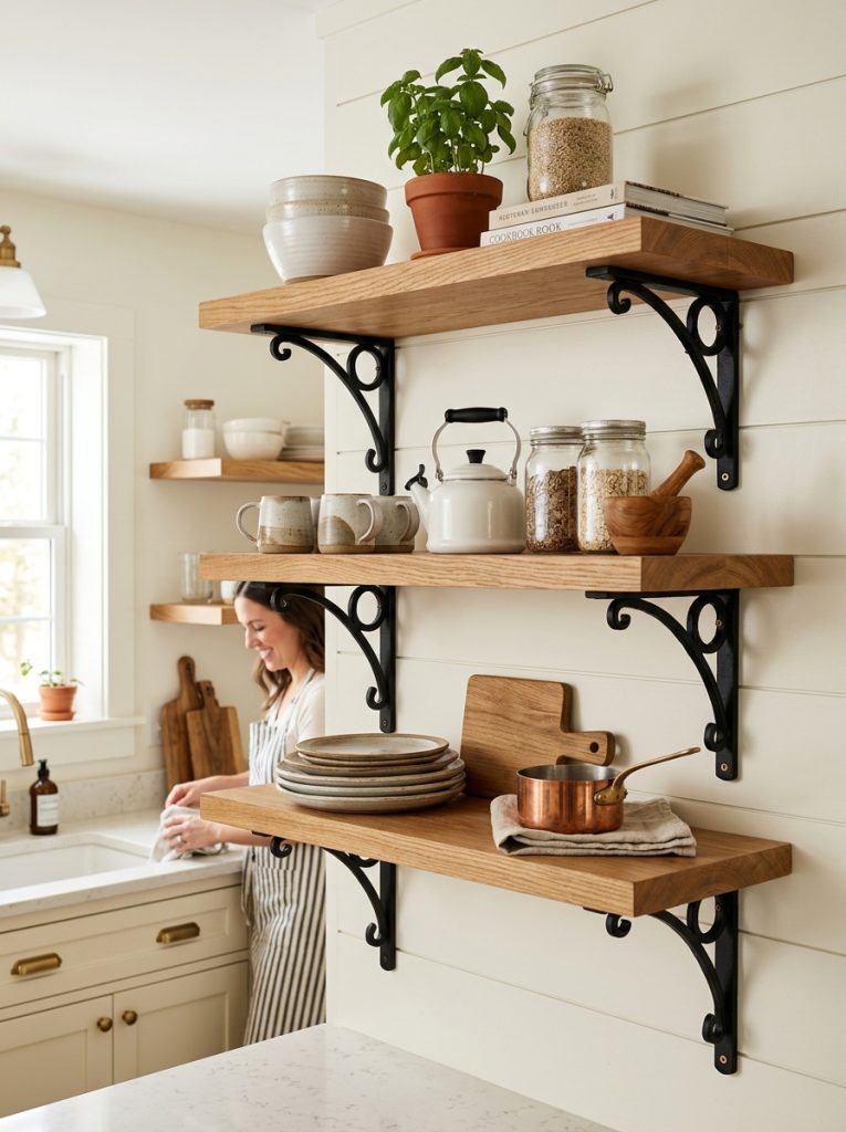 Beautiful open shelf bracket kitchen DIY with decorative brackets mounted on walls supporting wood shelves with perfectly styled kitchen items 
