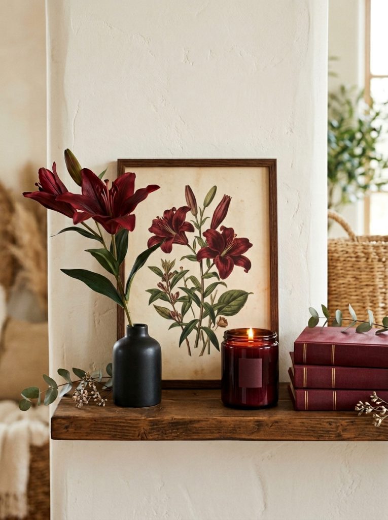 Beautiful dark red lilies aesthetic shelf with lily vase botanical print candle and book stack display