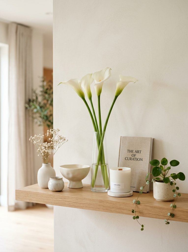 Beautiful aesthetic shelf with calla lilies decor piece white cream ceramics candle art book and trailing plant