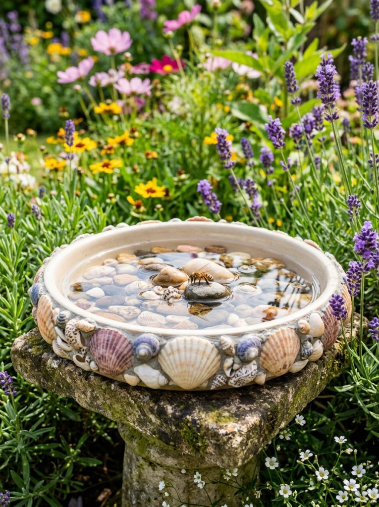 Beautiful shell decorated bee bath DIY with natural seashells glued around exterior rim creating coastal bee bath with pebbles and water