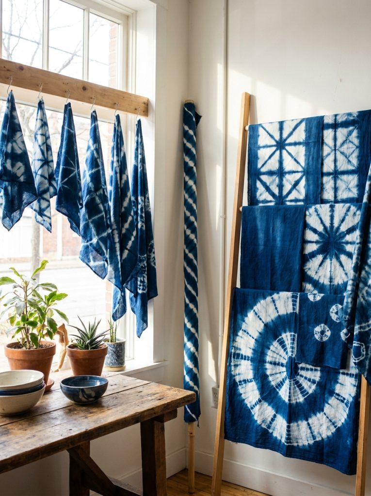 Beautiful shibori tie dye patterns with traditional Japanese indigo dye creating deep blue white geometric itajime arashi designs