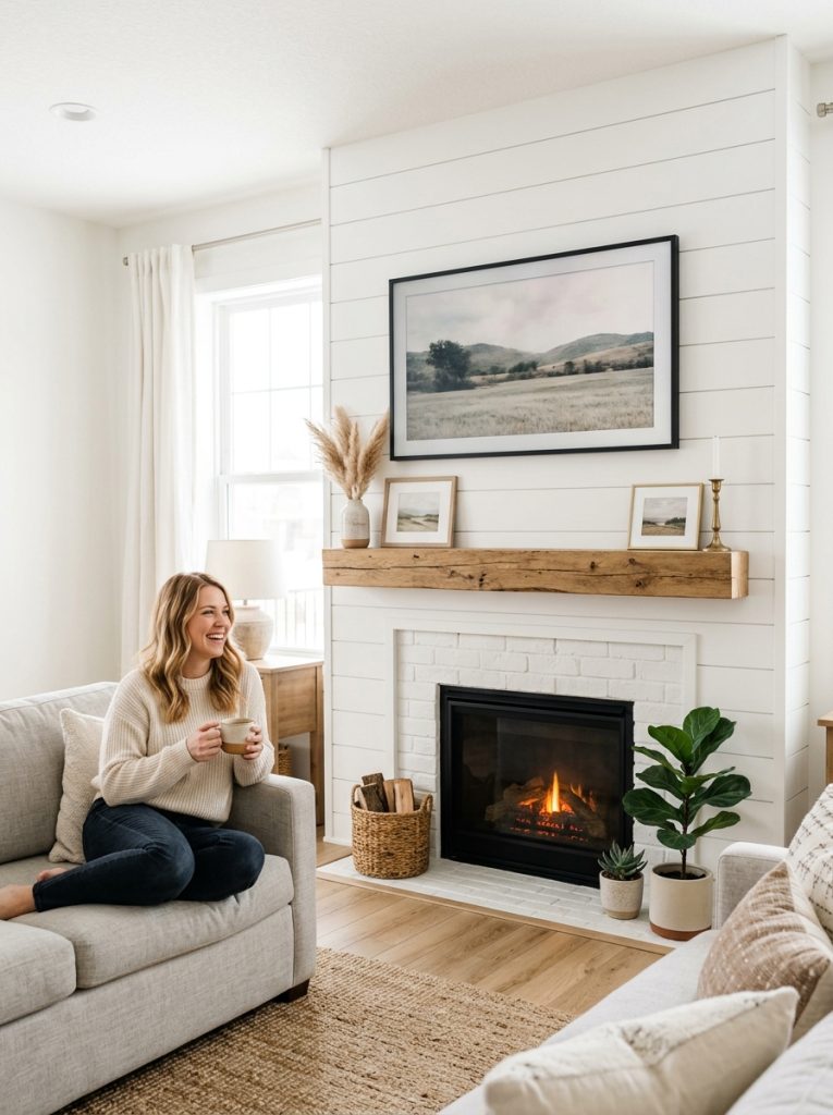 DIY shiplap fireplace TV wall with white horizontal shiplap boards floating wood mantel and mounted TV in farmhouse living room