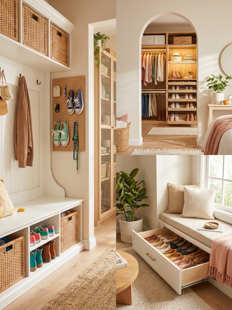 Complete shoe storage ideas collection with entryway closet mudroom bedroom and hidden solutions throughout bright styled home 