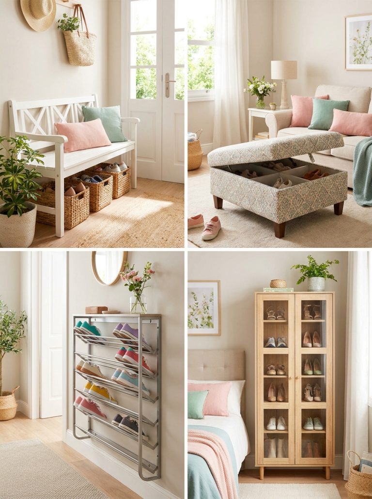 Beautiful shoe storage ideas display with entryway bench wall mounted rack hidden ottoman and narrow cabinet with shoes neatly organized