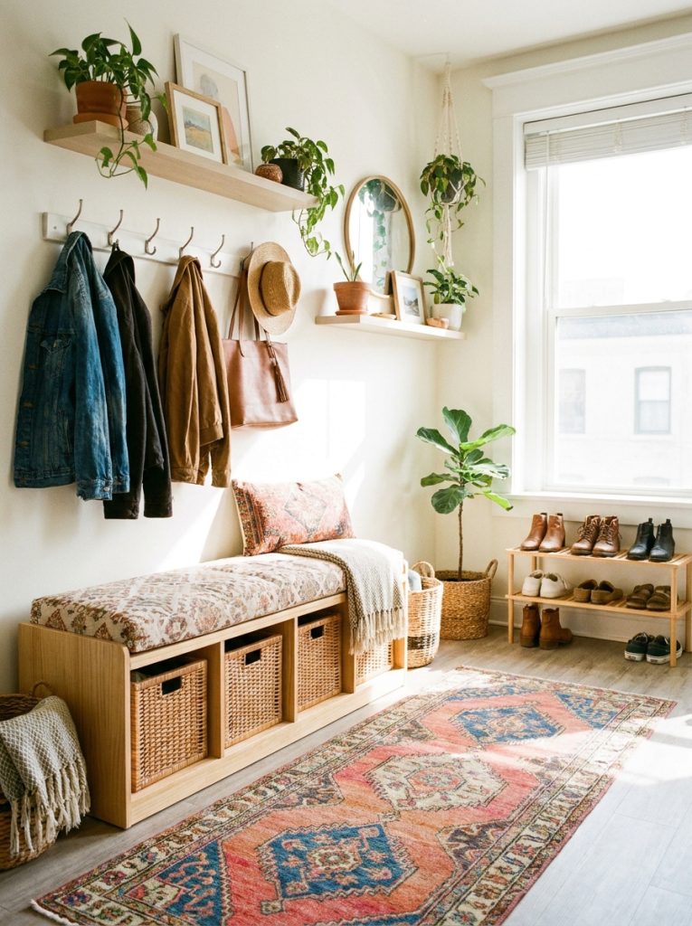  Beautiful entry shoe storage with bench storage hooks small rug and coordinating decor creating organized styled home entry area