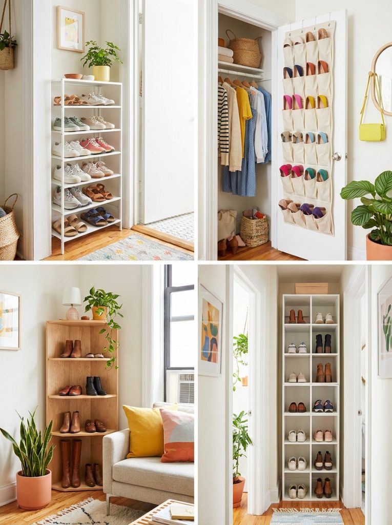Brilliant small space shoe storage with slim racks corner shelves over door organizers and vertical solutions in compact home settings