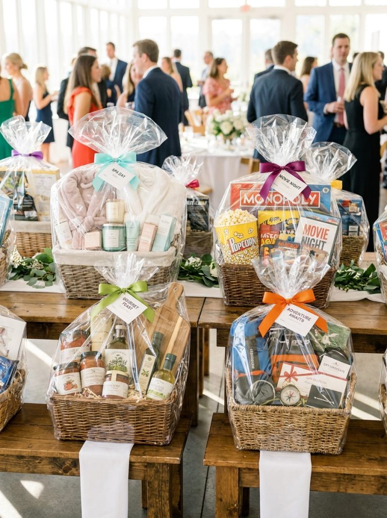 Beautiful silent auction gift baskets with spa entertainment food lover and experience themes in professional presentation for charity 