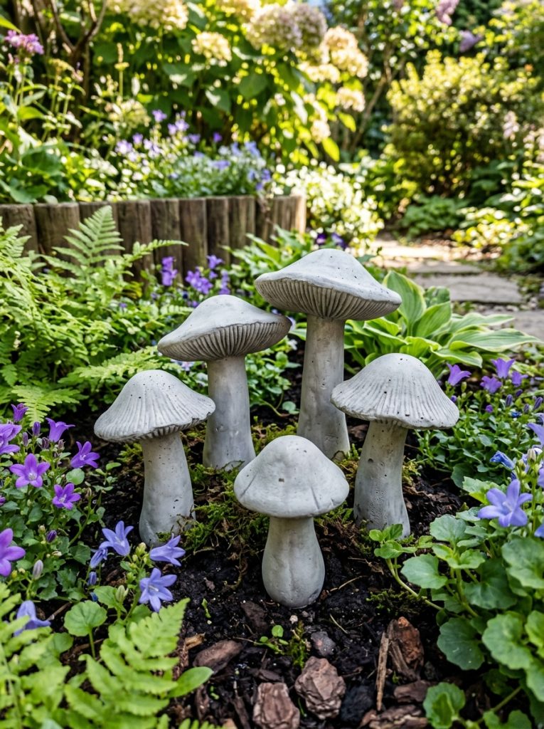 Beautiful silicone mold cement mushrooms DIY with perfectly shaped concrete mushrooms showing cap detail and stem shapes among garden plants