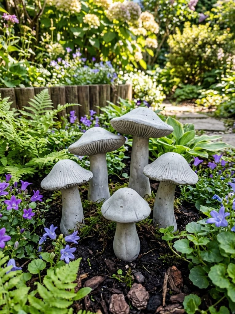 Beautiful silicone mold cement mushrooms DIY with perfectly shaped concrete mushrooms showing cap detail and stem shapes among garden plants