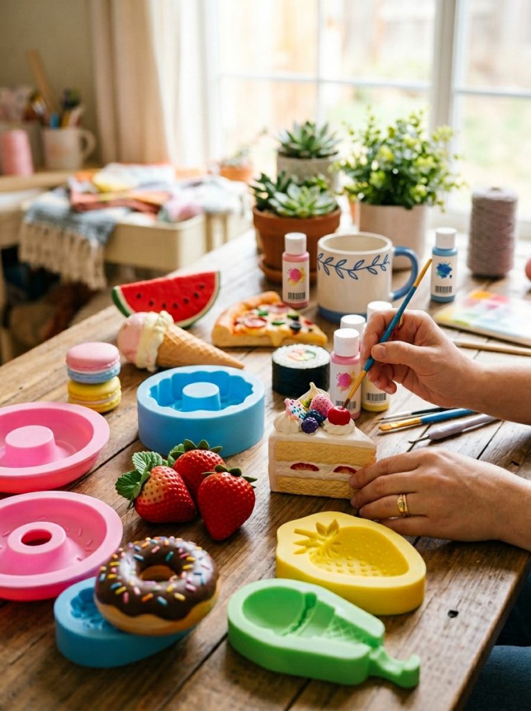 Beautiful silicone mold food squishies DIY with perfectly shaped strawberries cakes donuts and food items from silicone molds