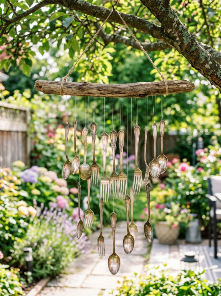 Beautiful silverware DIY wind chime with vintage spoons and forks hung at different lengths on cord creating upcycled metallic chime 