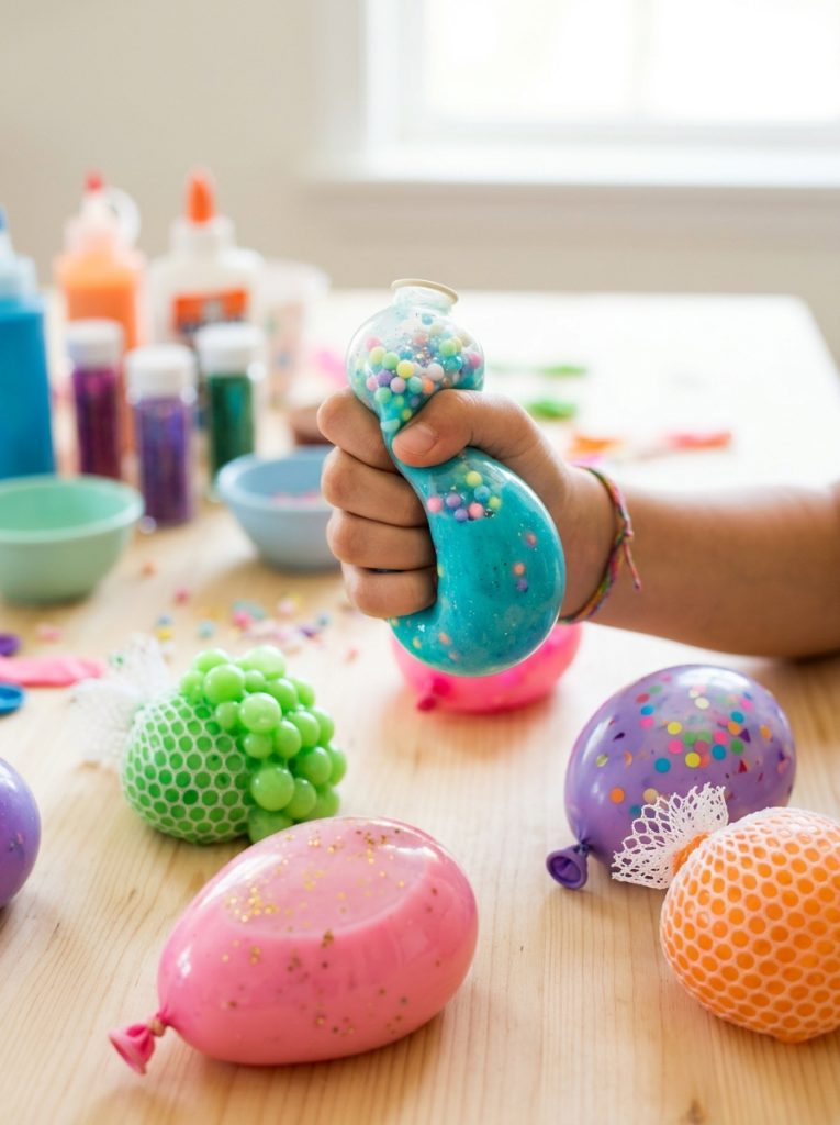 Fun slime squishies DIY with colorful slime in balloon and mesh shapes creating stretchy squeezable satisfying sensory toys 