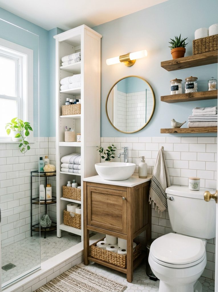  Beautiful small space bathroom storage with corner shelving vertical cabinets wall-mounted storage and space-maximizing organizers in compact bathroom 