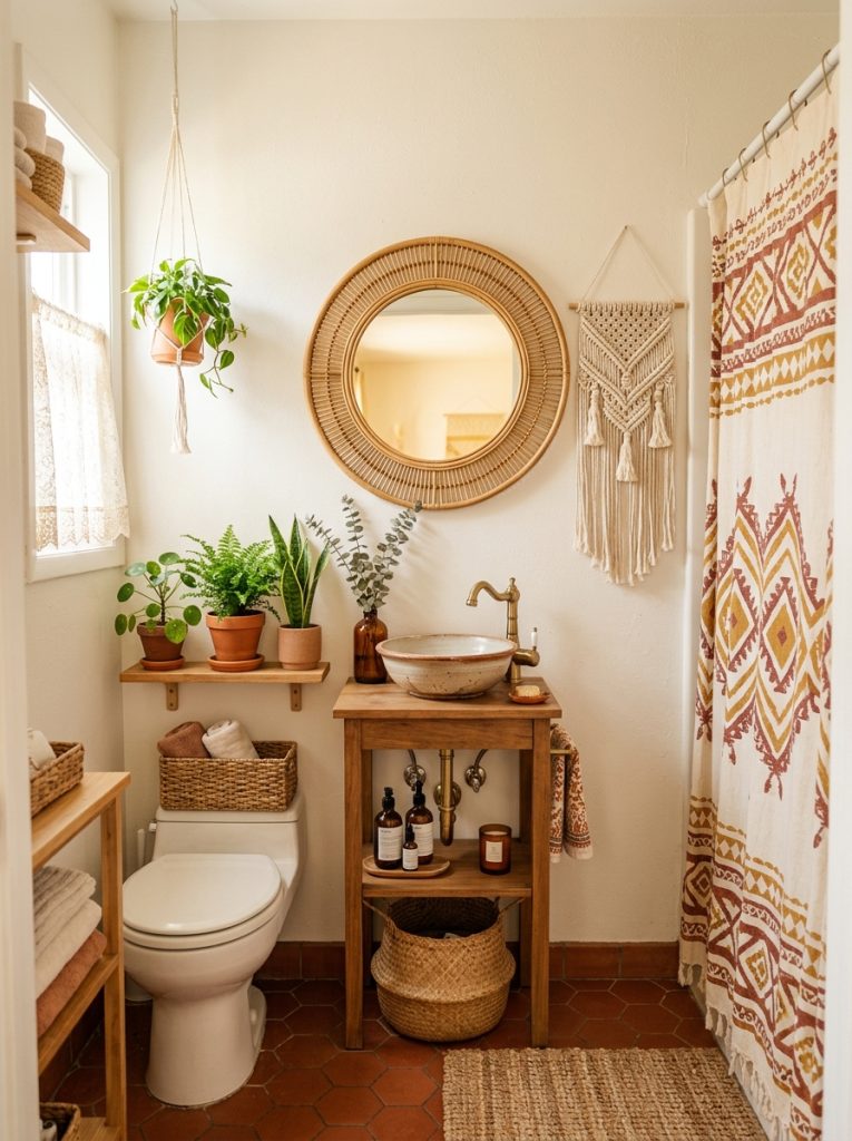 Beautiful small tiny boho bathroom with rattan mirror macrame wall piece botanical display and boho shower curtain in compact space