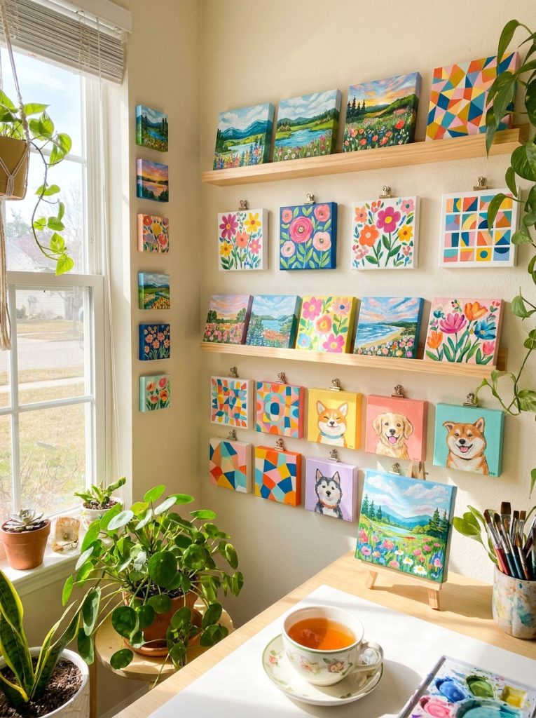 Beautiful small canvas acrylic painting ideas with tiny landscapes flowers abstract patterns and cute subjects in gallery display 