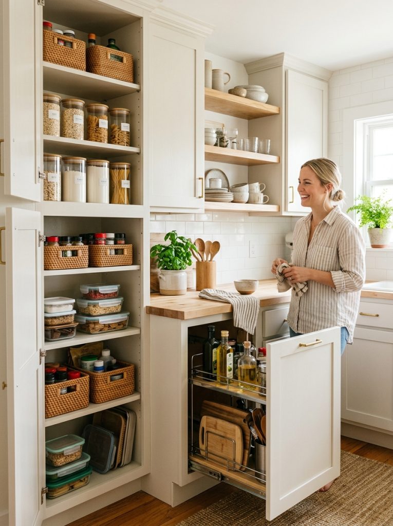  Beautiful small kitchen DIY cabinet makeover with light colors vertical storage tall cabinets space-maximizing designs in compact kitchen