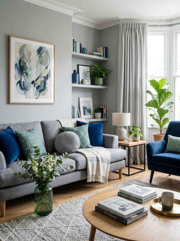 Sophisticated grey blue and green living room with grey sofa blue and green accents in refined elegant three-colour scheme